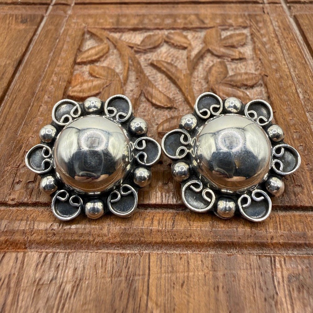 Mexico Sterling Silver Earrings Silver Vintage 925 Dome Clip On Christmas Gift